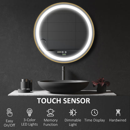 Kleankin Round Illuminated Bathroom Mirrors Dimmable LED Lighted Wall Mount Mirror w/ 3 Colours, Time Display, Memory Function, 60cm