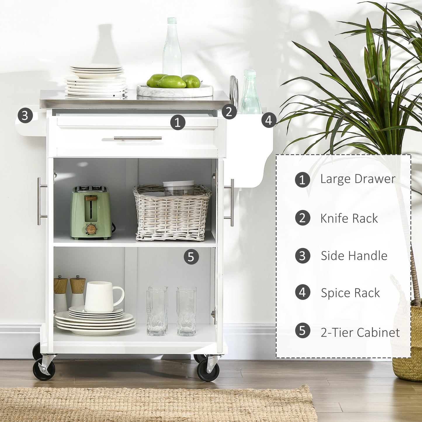 Wooden Freestanding Kitchen Island on Wheels, Serving Cart Storage Trolley with Stainless Steel Top, Drawer, Side Handle and Rack