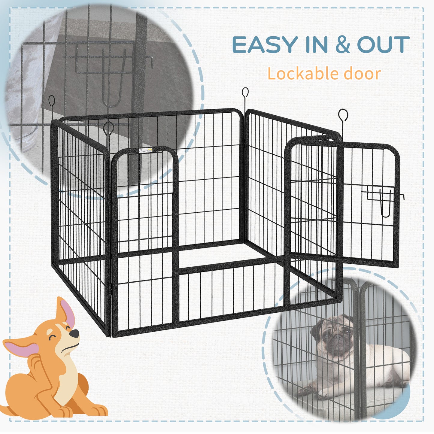 Pet Playpen | 4 Heavy-Duty Metal Panels | Lockable Step-Through Door | Ground Stakes | Foldable | Indoor & Outdoor | 82 x 82 x 60cm | Grey