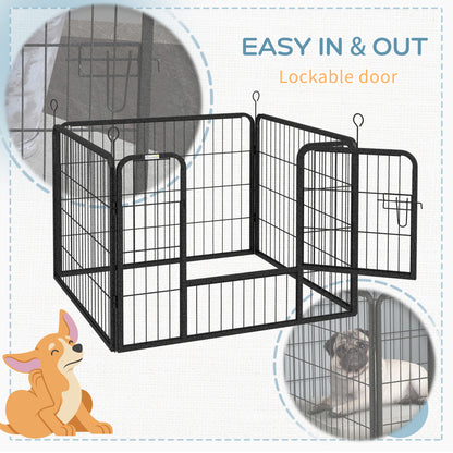 Pet Playpen | 4 Heavy-Duty Metal Panels | Lockable Step-Through Door | Ground Stakes | Foldable | Indoor & Outdoor | 82 x 82 x 60cm | Grey
