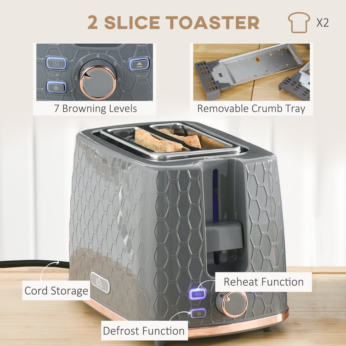 Fast Boil Kettle & 2 Slice Toaster Set, Kettle and Toaster Set with Auto Shut Off, Browning Controls, Grey 1.7L 3000W