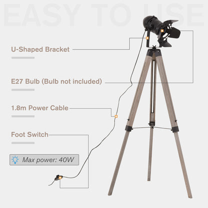 Industrial Style Tripod Floor Lamp Vintage Spotlight Reading Lamp w/ Wood Metal Legs E27 Base Versatile Use For Living Room Bedroom