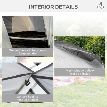 Outsunny 4-6 Man Tunnel Tent Camping Tent with 2 Bedroom, Vestibule, Bag, 2000mm Waterproof, UV50+ for Fishing, Hiking, Festival