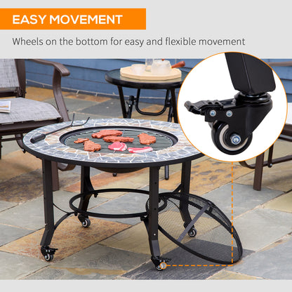 Outsunny 2-in-1 Outdoor Fire Pit on Wheels, Patio Heater with Cooking BBQ Grill, Firepit Bowl with Screen Cover, Fire Poker for Backyard Bonfire