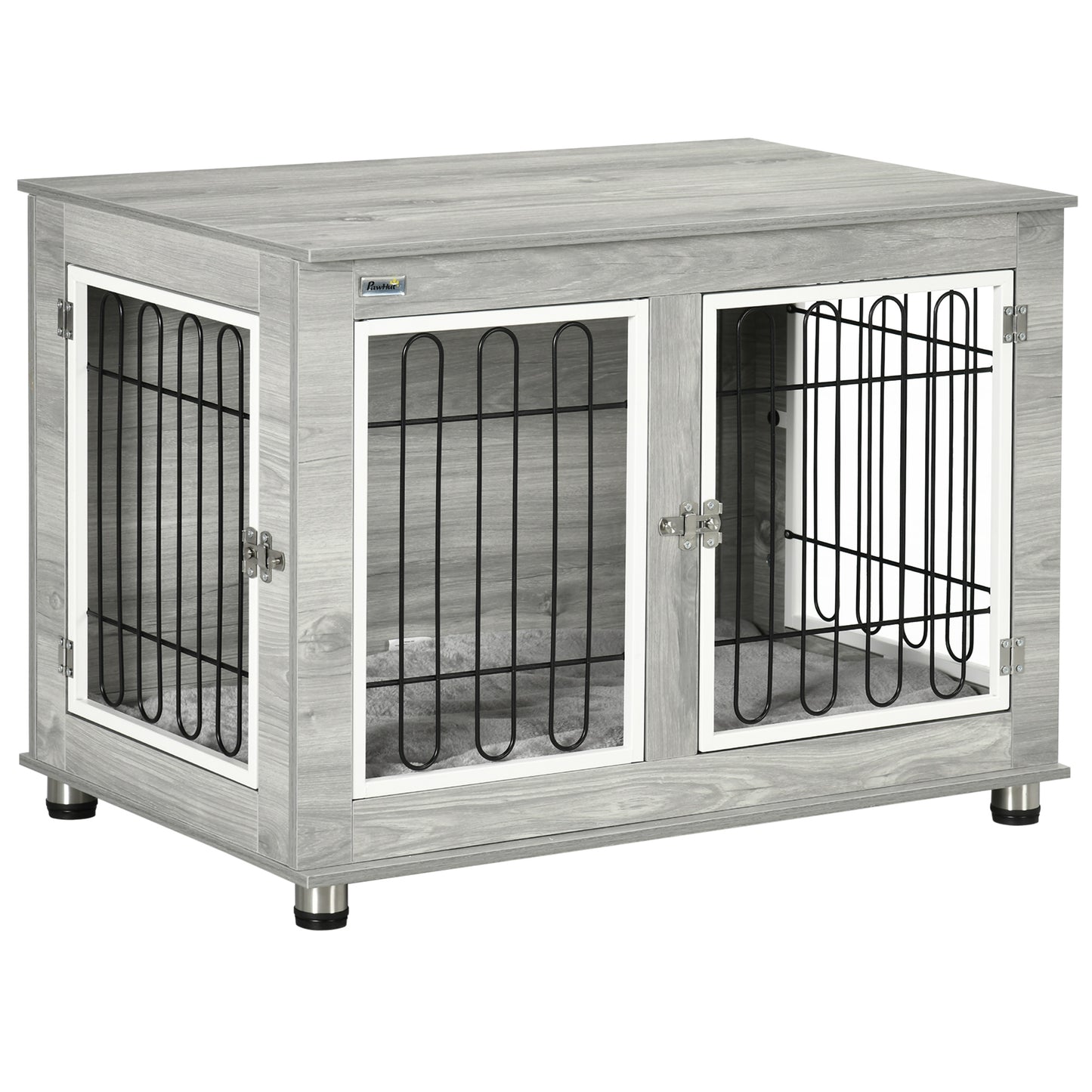 Dog Crate Furniture Side Table | Washable Cushion | Wire Mesh | Two Doors | Medium & Large Dogs up to 25kg | 90 x 58 x 65cm | Grey & White