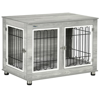 Dog Crate Furniture Side Table | Washable Cushion | Wire Mesh | Two Doors | Medium & Large Dogs up to 25kg | 90 x 58 x 65cm | Grey & White