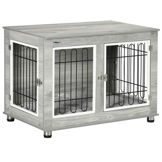 Dog Crate Furniture Side Table | Washable Cushion | Wire Mesh | Two Doors | Medium & Large Dogs up to 25kg | 90 x 58 x 65cm | Grey & White
