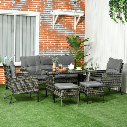 Outsunny 5 Seater Rattan Garden Furniture Set, 2 Armchairs, 3-seater Wicker Sofa, 2 Footstools Glass Table 6 Piece Patio Sofa Sets for Conservatory