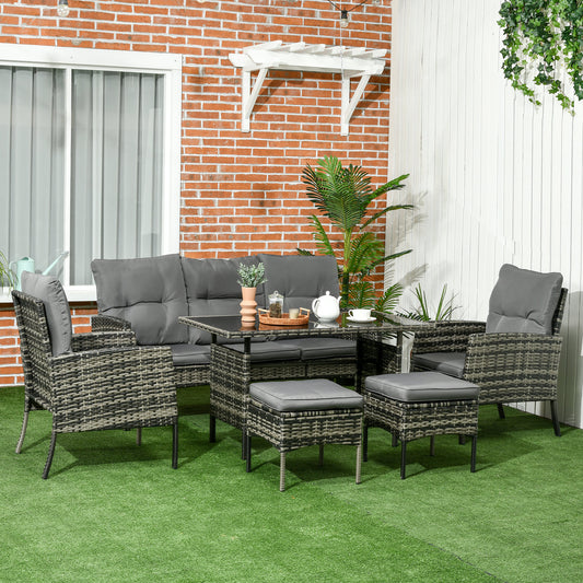 Outsunny 5 Seater Rattan Garden Furniture Set, 2 Armchairs, 3-seater Wicker Sofa, 2 Footstools Glass Table 6 Piece Patio Sofa Sets for Conservatory