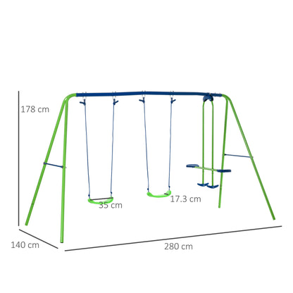 Outsunny Metal Swings & Seesaw Set Double Seats with a Height Adjustable Children Outdoor Backyard Play Set for Toddlers Over 3 Years Old, Green