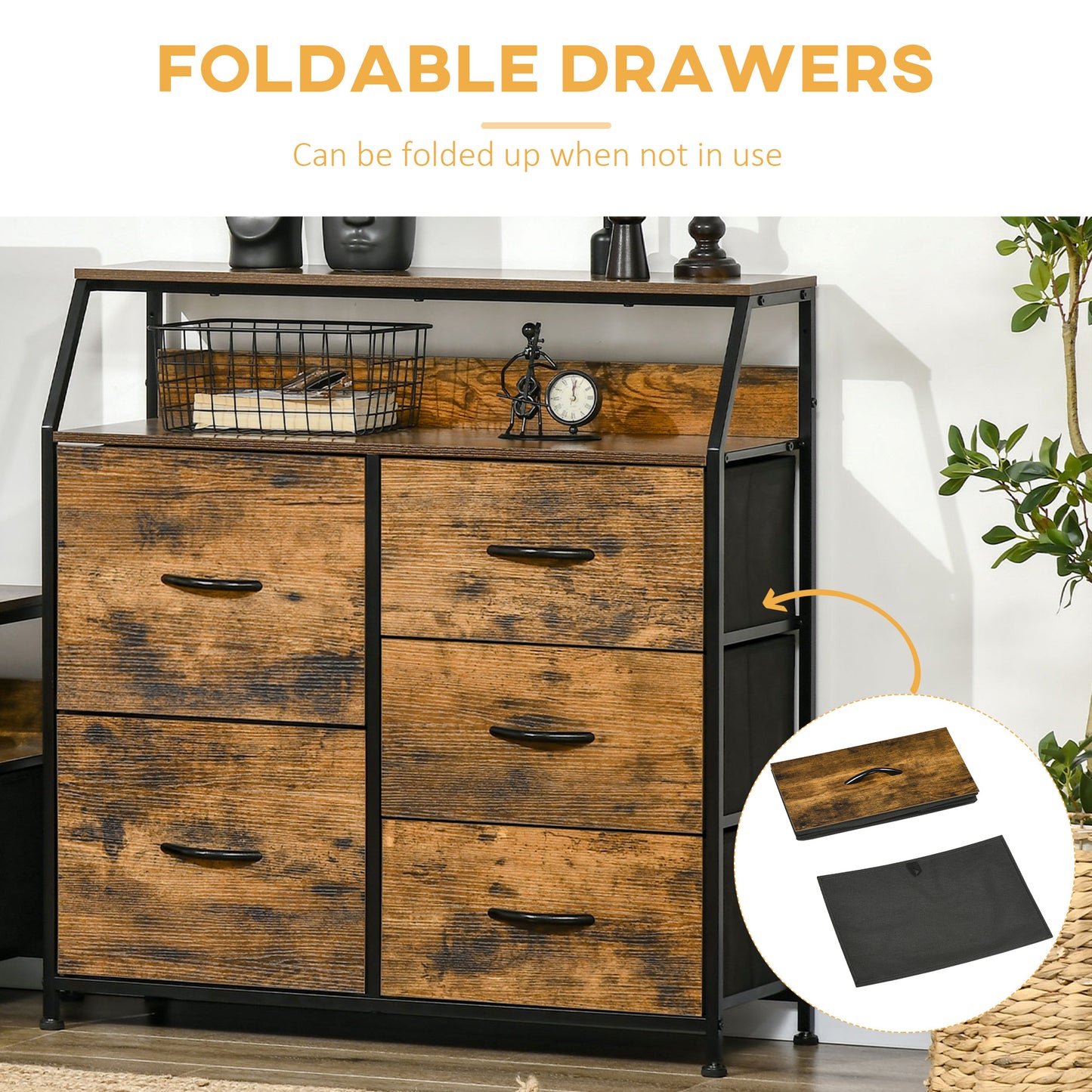 Chest of Drawers For Bedroom Industrial 5 Fabric Drawer Dresser with Open Shelf for Living Room, Rustic Brown