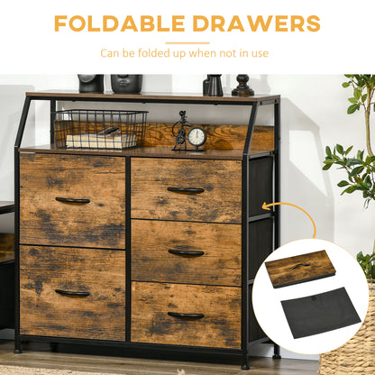 Chest of Drawers For Bedroom Industrial 5 Fabric Drawer Dresser with Open Shelf for Living Room, Rustic Brown