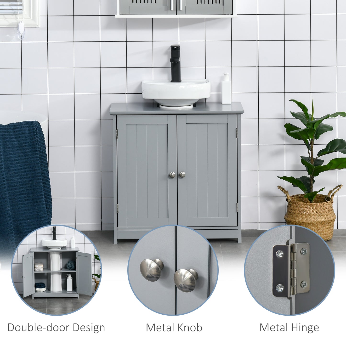 Kleankin 60x60cm Under-Sink Storage Cabinet w/ Adjustable Shelf Handles Drain Hole Bathroom Cabinet Space Saver Organizer Grey