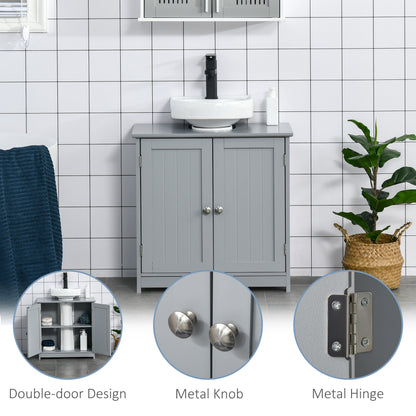 Kleankin 60x60cm Under-Sink Storage Cabinet w/ Adjustable Shelf Handles Drain Hole Bathroom Cabinet Space Saver Organizer Grey