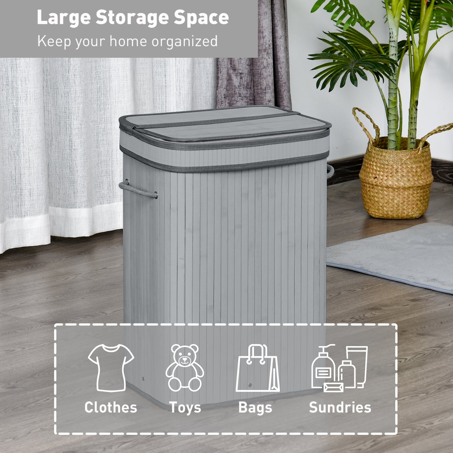 70L Natural Wood Laundry Dirty Clothes Storage Basket One Compartment With Flip Lid Removable Lining Foldable Water-Resistant