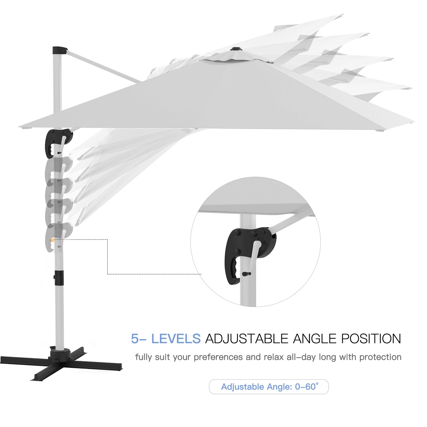 Outsunny 3 x 3(m) Square Cantilever Parasol with Cross Base, Crank Handle, Tilt, 360° Rotation and Aluminium Frame, White