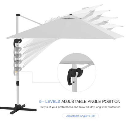 Outsunny 3 x 3(m) Square Cantilever Parasol with Cross Base, Crank Handle, Tilt, 360° Rotation and Aluminium Frame, White