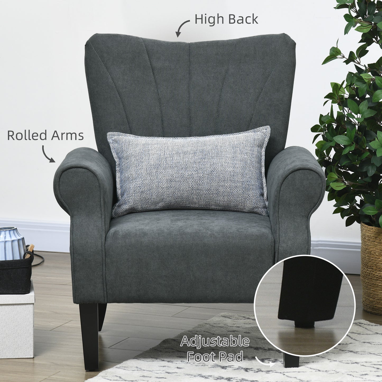 Retro Vintage Style Upholstered Accent Chair with High Back, Rolled Arms and Wood Legs, Soft Thick Padded Armchair, Grey