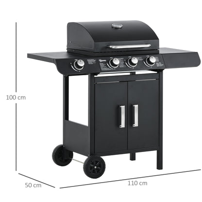 Outsunny Gas BBQ Gas Grill Barbecue 3+1 Burner Garden BBQ Trolley w/ Side Burner Warming Rack Side Shelves Storage Cabinet Piezo Ignition 110x50x100cm