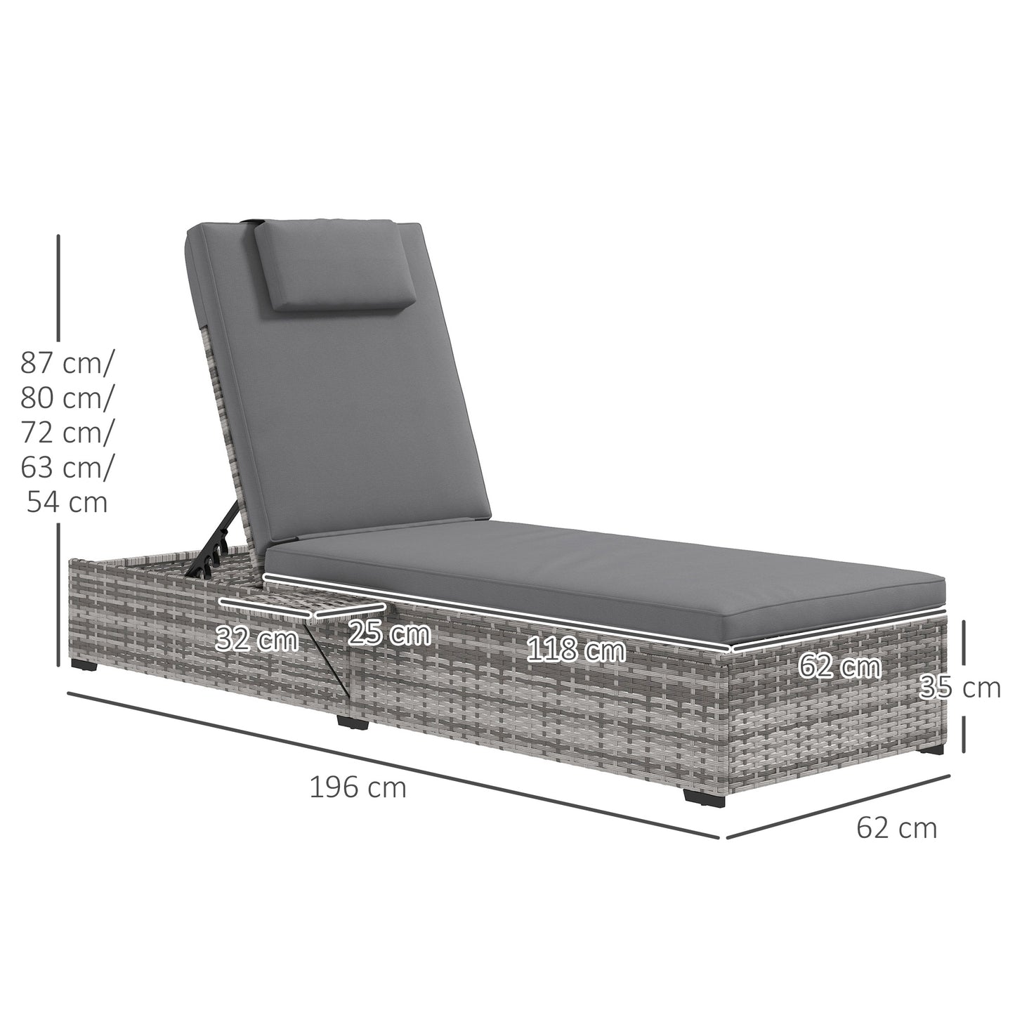 Outdoor Patio PE Rattan Sun Lounger With Cushion, 5-Level Reclining Wicker Rattan With Tea Tray, for Poolside, Patio, Deck - Grey