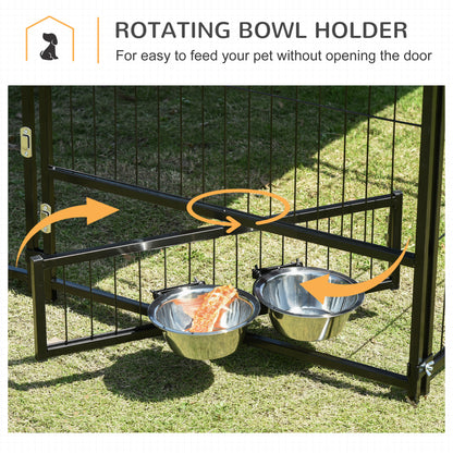 Outdoor Dog Kennel & Playpen | Waterproof Canopy | Lockable Gate | Rotating Bowl Holder | 2 Bowls Included | 141 x 141 x 151cm | Brown