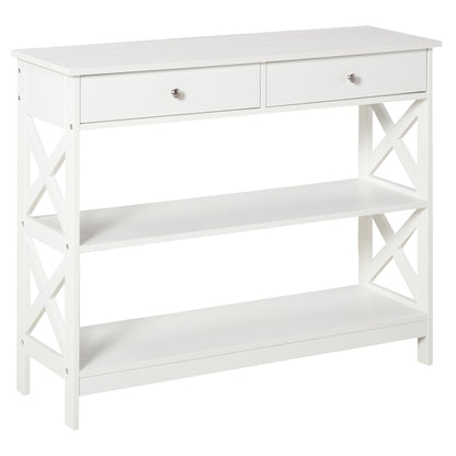 Console Table Side Desk w/ Shelves Drawers Open Top X Support Frame Living Room Hallway Home Office Furniture White