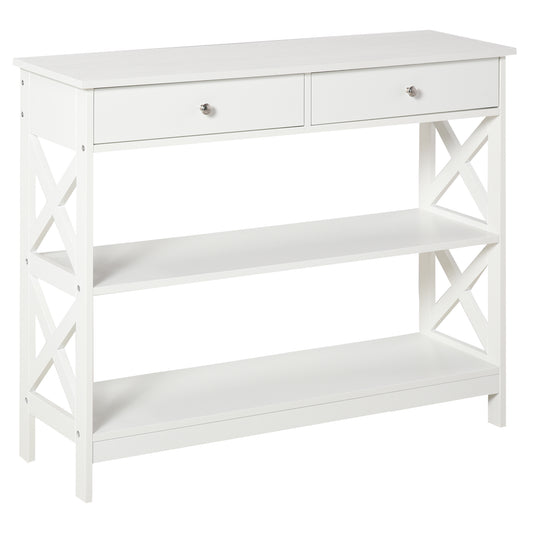 Console Table Side Desk w/ Shelves Drawers Open Top X Support Frame Living Room Hallway Home Office Furniture White