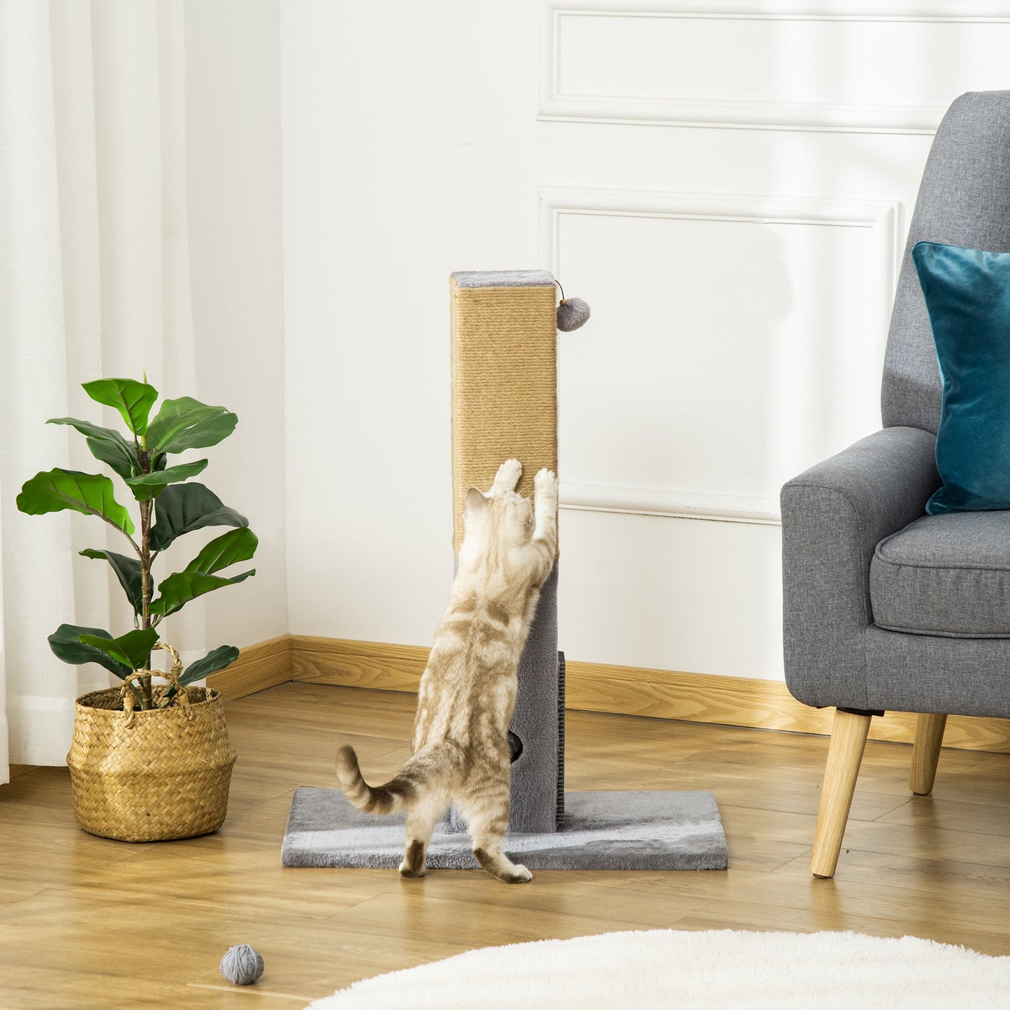 PawHut Cat Scratching Post, 79cm Tall Jute Scratcher Climber, Cat Tree Activity Centre with Carpet Base, Dangling Ball, Grey