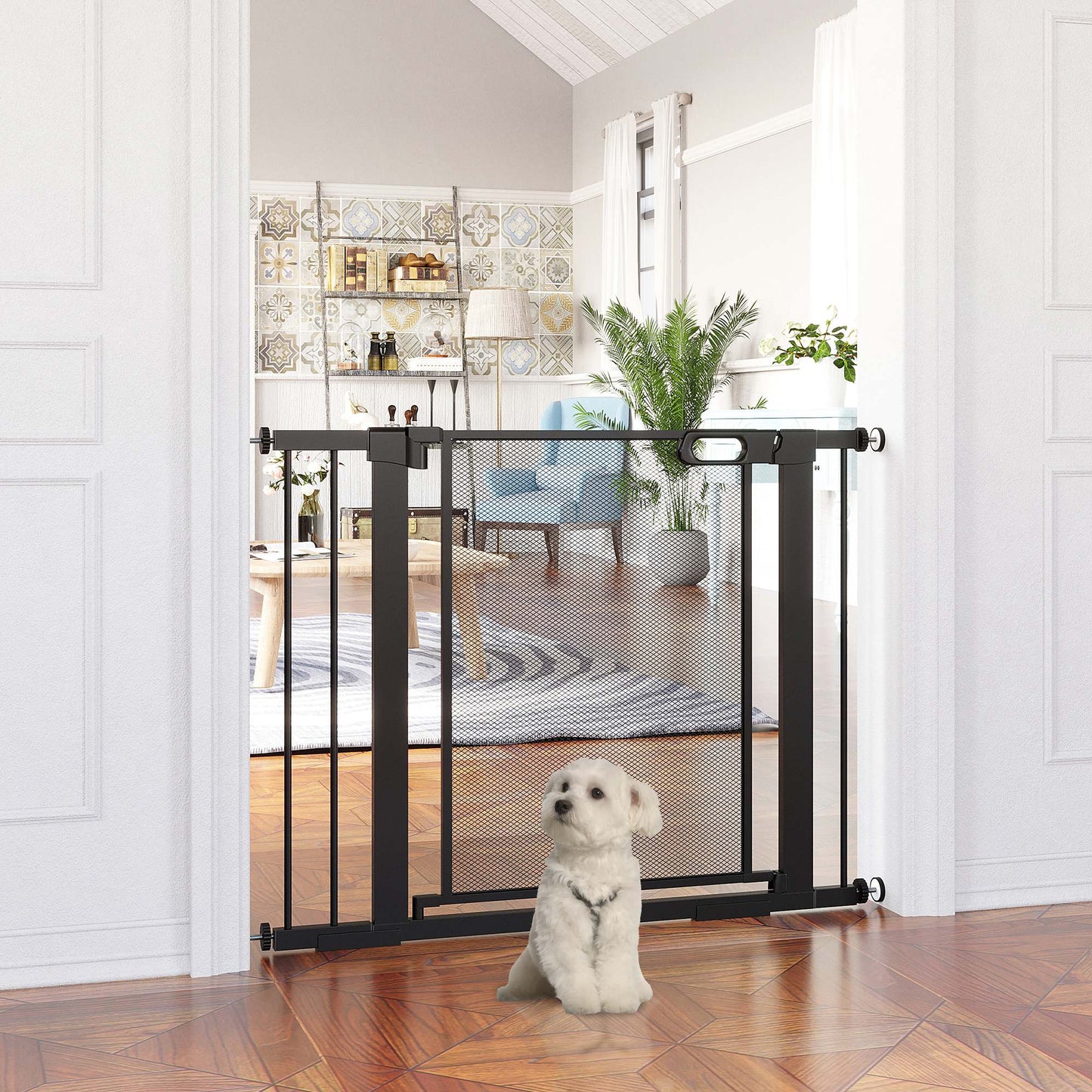 PawHut Pressure Fit Safety Gate for Doors and Stairs, Dog Gate with Auto Close, Pet Barrier for Hallways, with Double Locking, 2 Extensions Kit Black