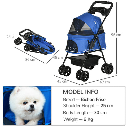 PawHut Pet Stroller Dog Cat Travel Pram Pushchair One-Click Fold Trolley Jogger with EVA Wheels Brake Basket Adjustable Canopy Safety Leash Blue