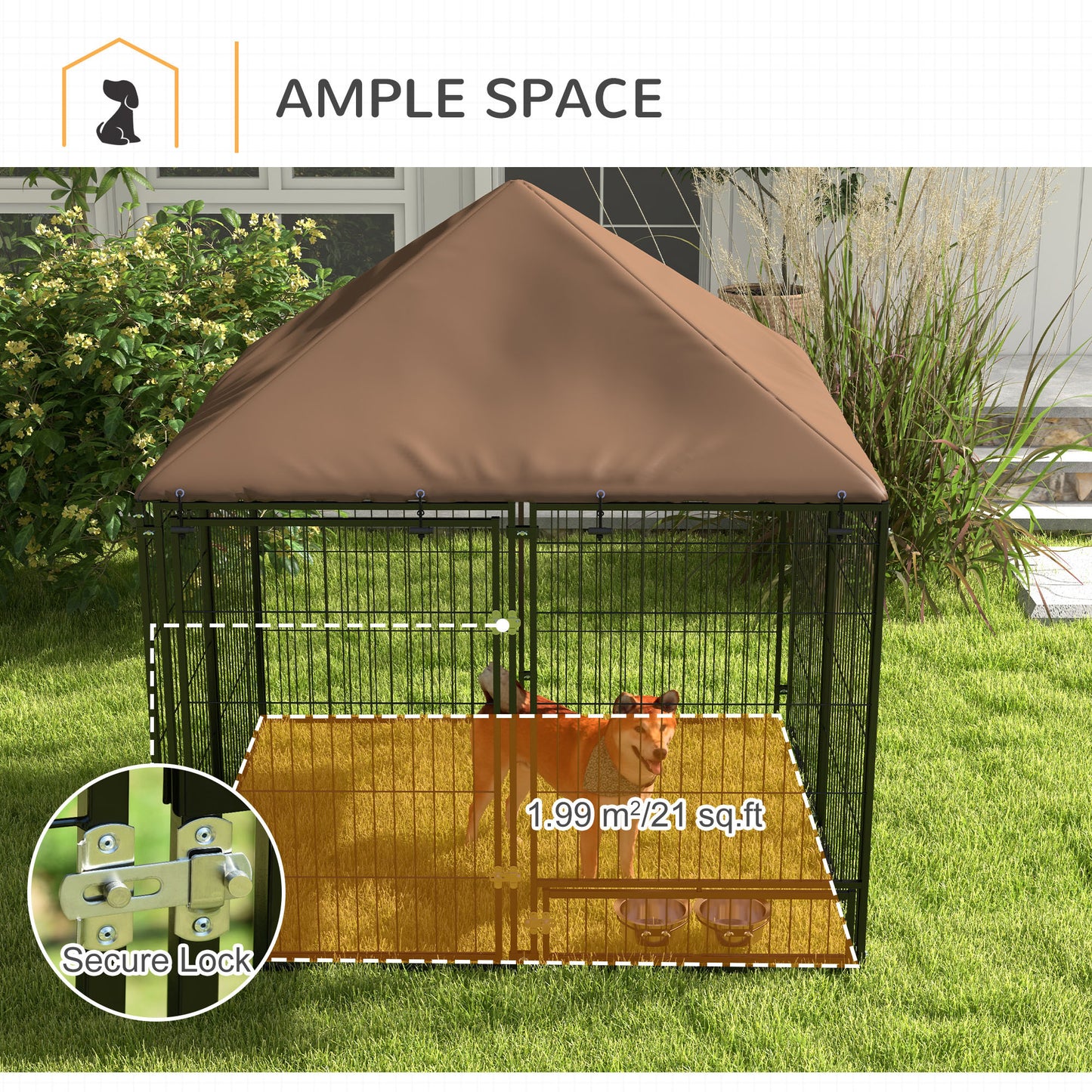 Outdoor Dog Kennel & Playpen | Waterproof Canopy | Lockable Gate | Rotating Bowl Holder | 2 Bowls Included | 141 x 141 x 151cm | Brown