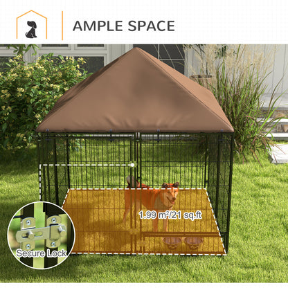 Outdoor Dog Kennel & Playpen | Waterproof Canopy | Lockable Gate | Rotating Bowl Holder | 2 Bowls Included | 141 x 141 x 151cm | Brown