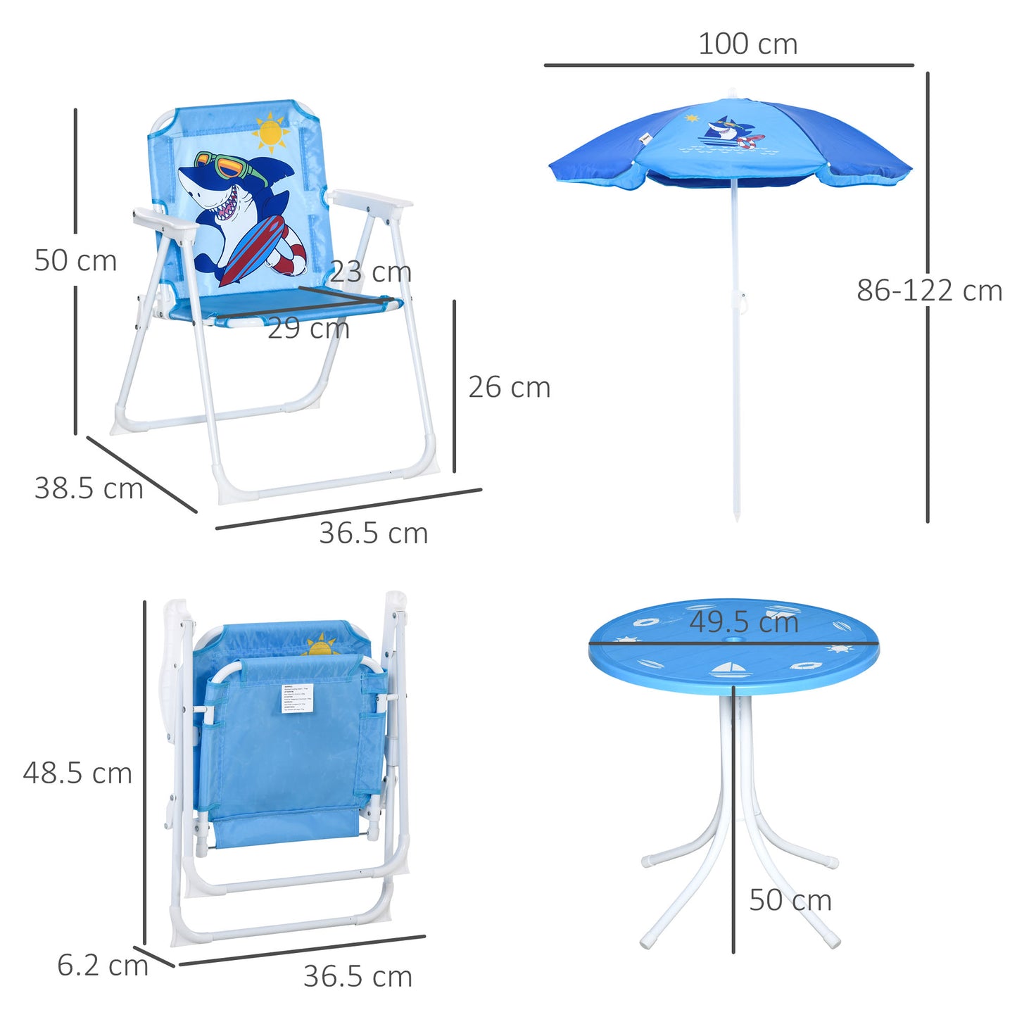 Outsunny Kids Picnic & Table Chair set, Outdoor Folding Garden Furniture w/ Shark Design, Removable, Adjustable Sun Umbrella, Ages 3-6 Years - Blue