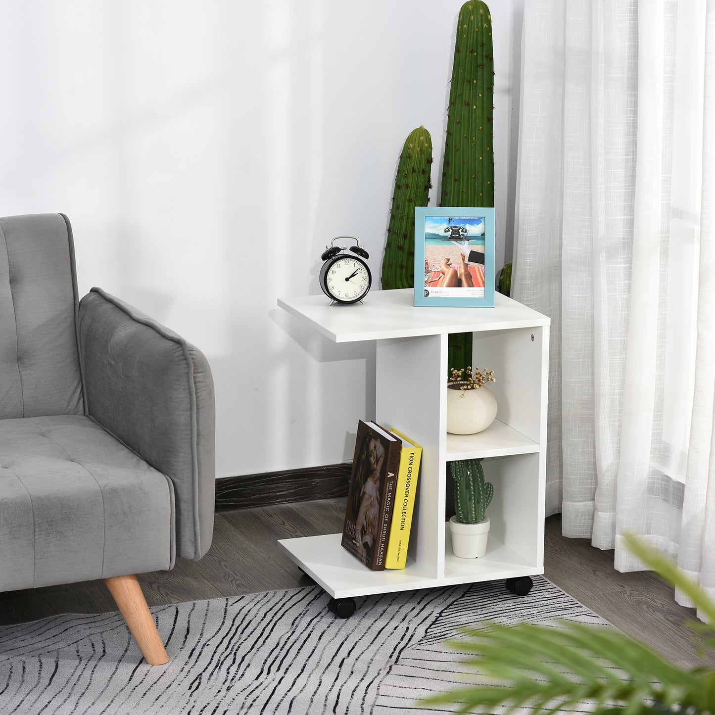 C - Shape End Table Unique Storage Unit w/ 2 Shelves 4 Wheels Freestanding Home Office Furniture Cabinet Square Studio White