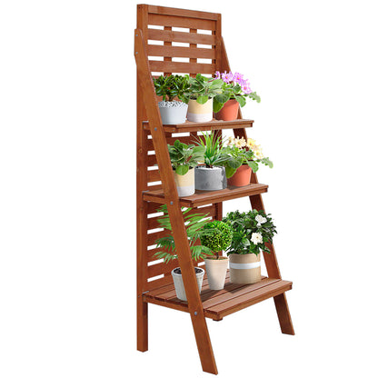 Outsunny Solid Wood Three-Tier Plant Rack Outdoor Organiser Unit Flower Herb Stand Ladder Design Storage Holder