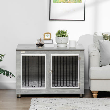Dog Crate Furniture Side Table | Washable Cushion | Wire Mesh | Two Doors | Medium & Large Dogs up to 25kg | 90 x 58 x 65cm | Grey & White