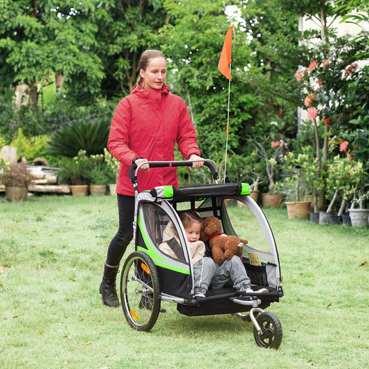 Child Bike Trailer 2 In 1 Baby Stroller 2-Seater Transport Carrier with Hitch Coupler, Brake, 5 Point Harness, Storage Bag, Reflector, Green