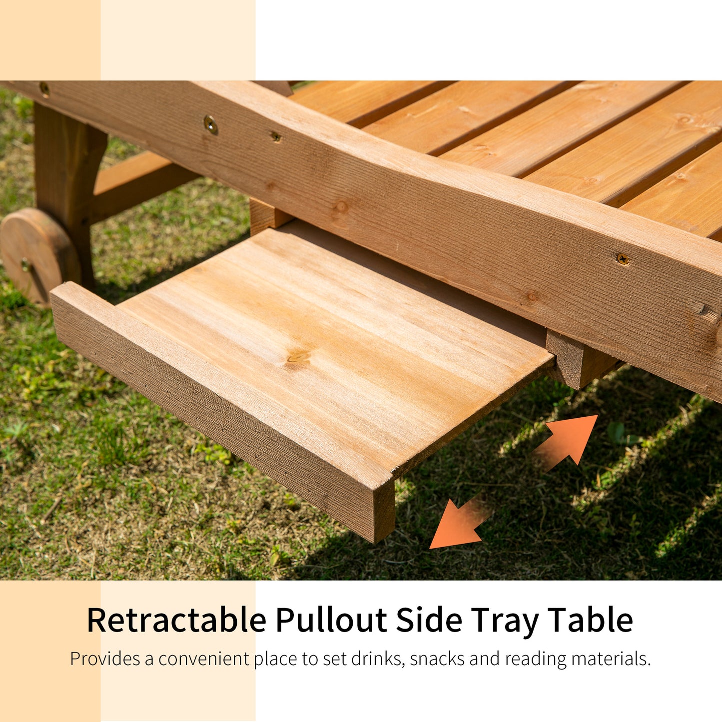 Outsunny Outdoor Wooden Lounger Chair, Sun Bed with Built-In Table, Adjustable Backrest and Wheels, Red Brown