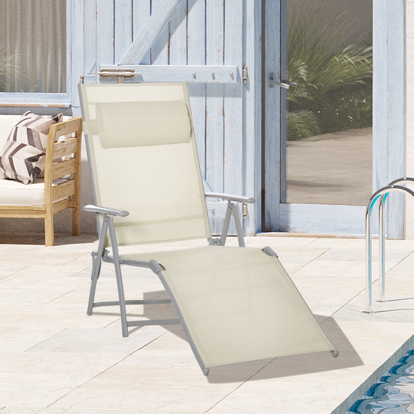 Outsunny Outdoor Folding Chaise Lounge Chair Recliner with Portable Design & 7 Adjustable Backrest Positions ， Steel Fabric Sun Lounger- Beige