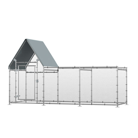 PawHut Walk In Chicken Run, Large Galvanized Chicken House, Hen Poultry House Cage, Outdoor Rabbit Hutch Metal Enclosure w/ Water-Resist Cover