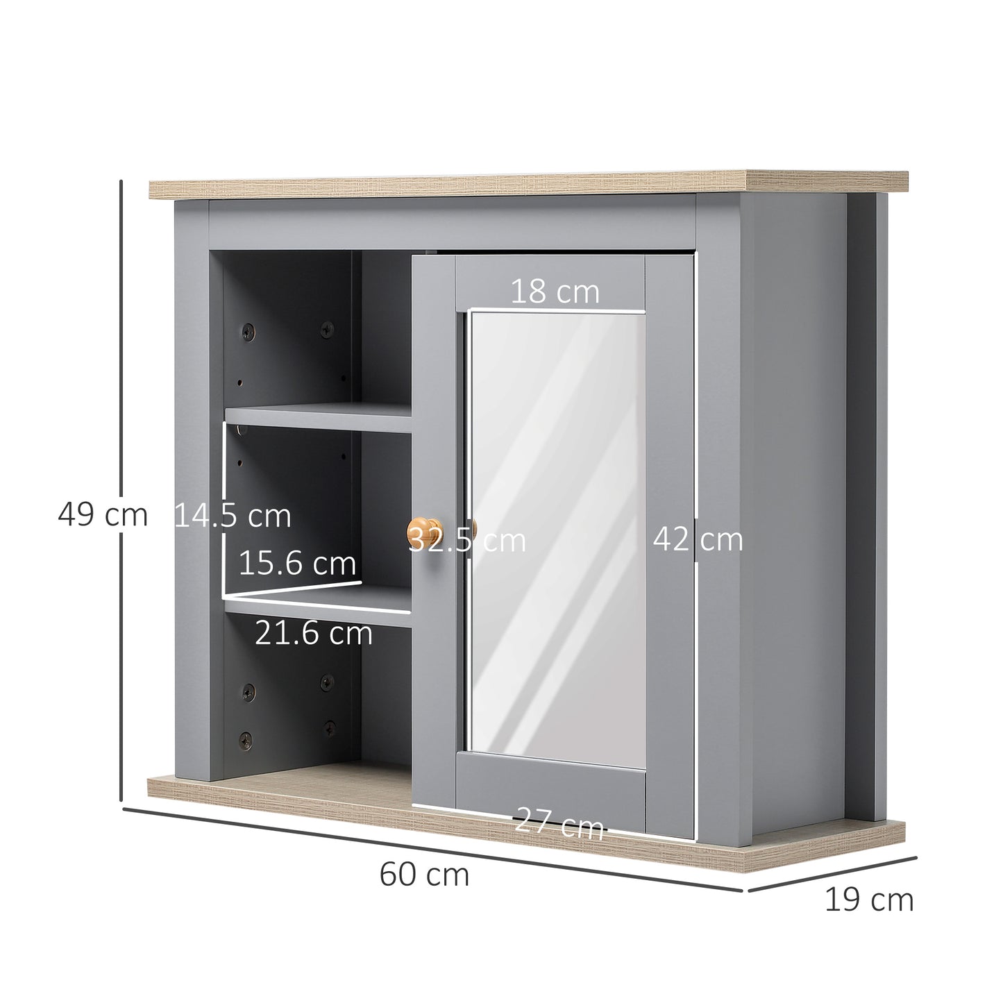 Kleankin Bathroom Wall Mirror Cabinet, Cupboard with Door, Storage Cabinet with Adjustable Shelf for Corridors Living Rooms, Grey