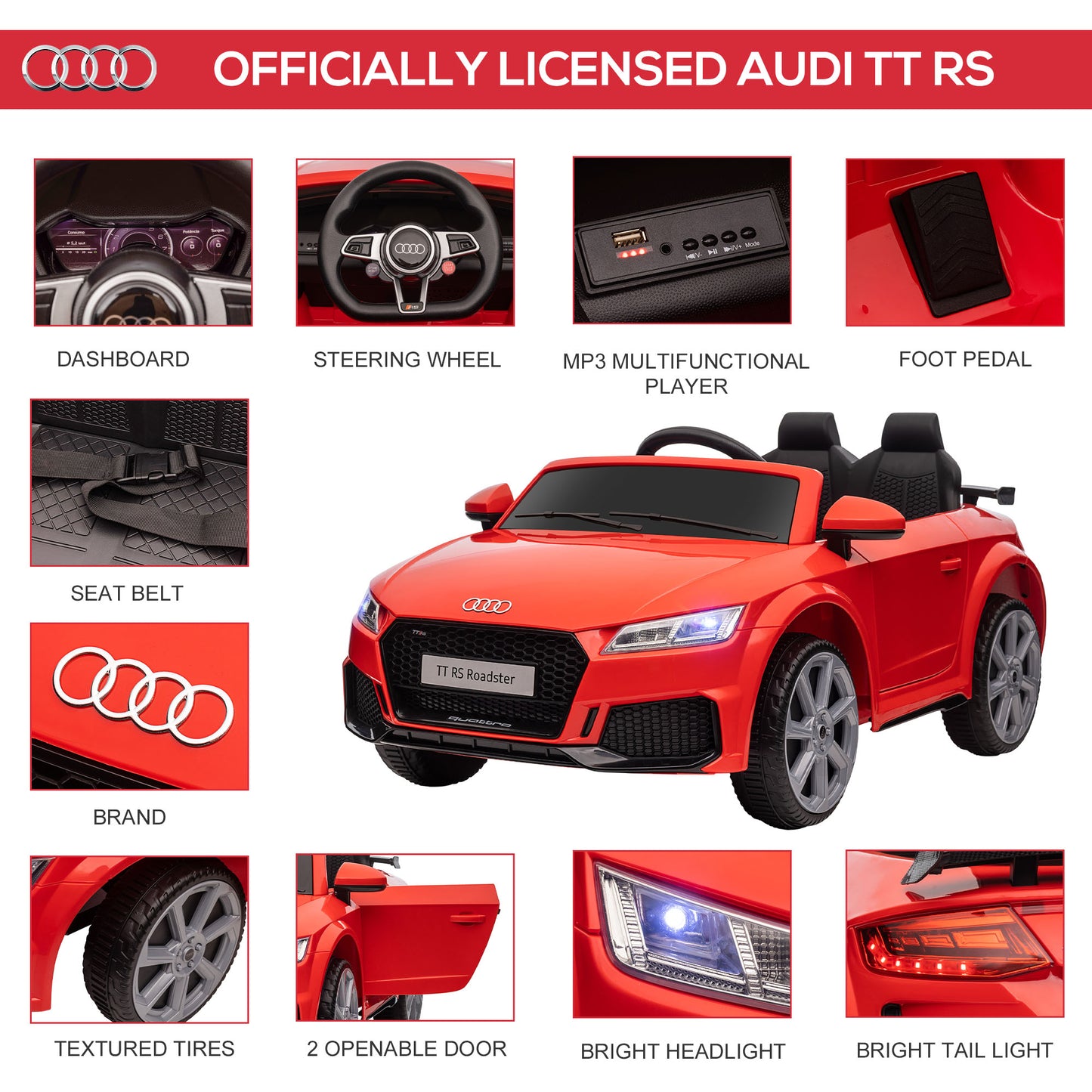 Audi TT RS 12V Rechargeable Battery Ride On Car With Remote, Forward Reverse Lights Horn - Red