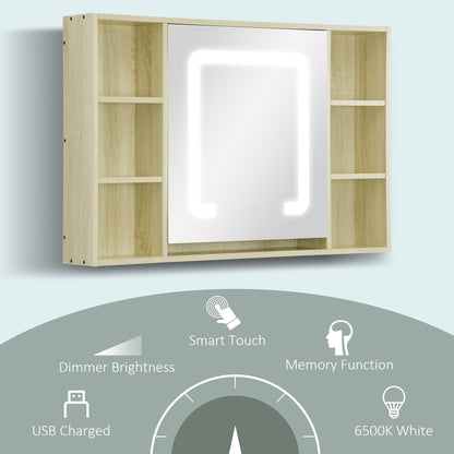 Kleankin LED Bathroom Mirror Cabinet, Wall Mounted Dimmable Medicine Cabinet with Adjustable Shelf and Mirrored Door, Natural
