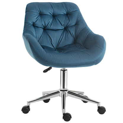 Velvet Office Chair | Button Tufted Curved Design | Padded Back & Armrests | 360° Swivel | 5 Wheels | Height Adjustable 44-54cm | 120kg | Blue