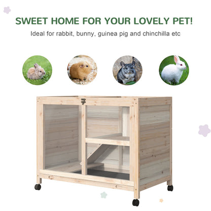 PawHut Wooden Rabbit Hutch Guinea Pigs House Bunny Small Animal Cage W/ Pull-out Tray Openable Roof And Wheels 91.5 x 53.3 x 73 cm