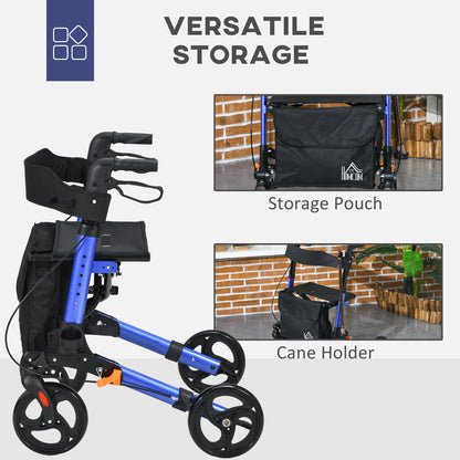 4 Wheel Rollator With Seat And Back Folding With Carry Bag, Adjustable Height, Dual Brakes, Cane Holder - Blue