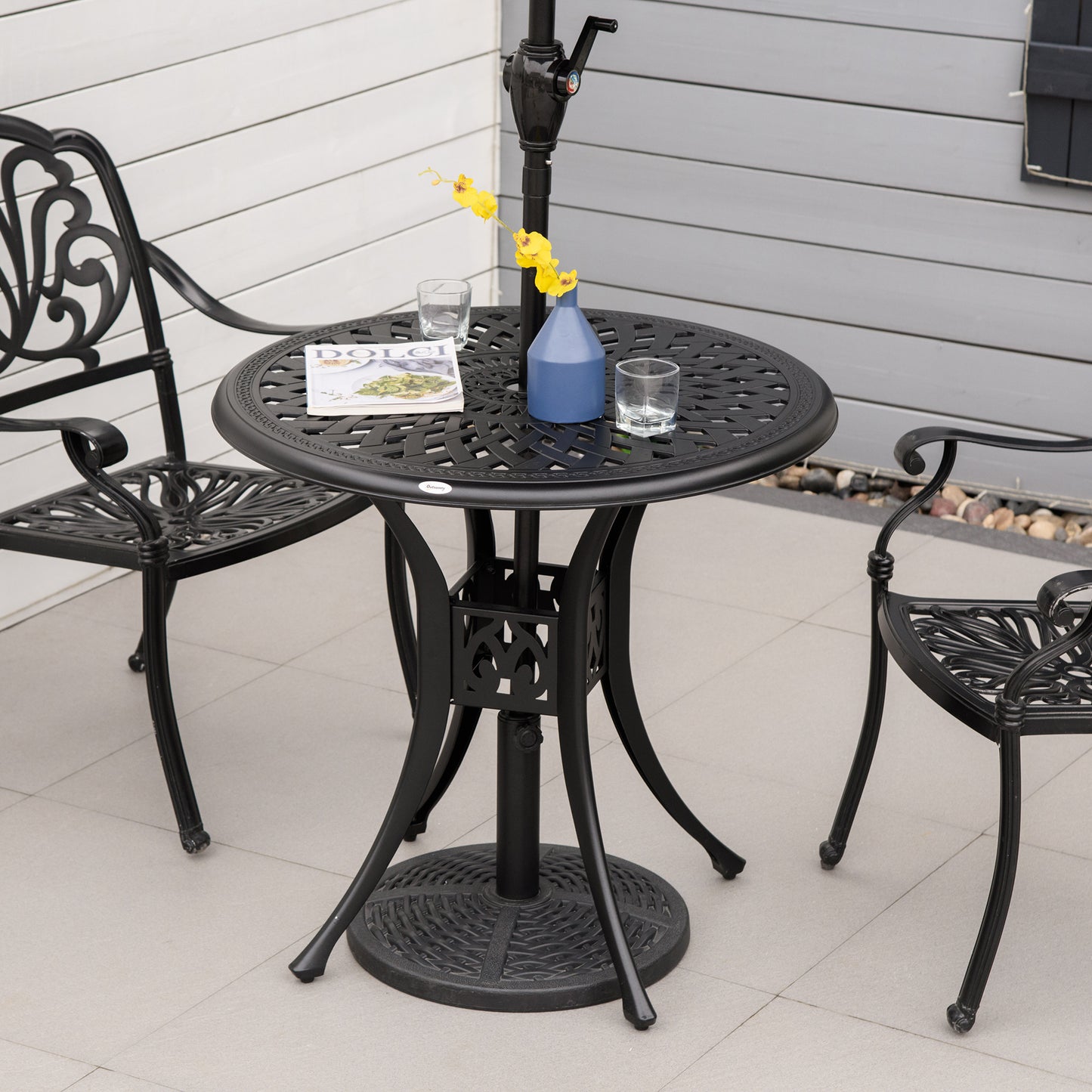 Outsunny 78cm Round Garden Dining Table With Parasol Hole Antique Cast Aluminium Outdoor Table, Black