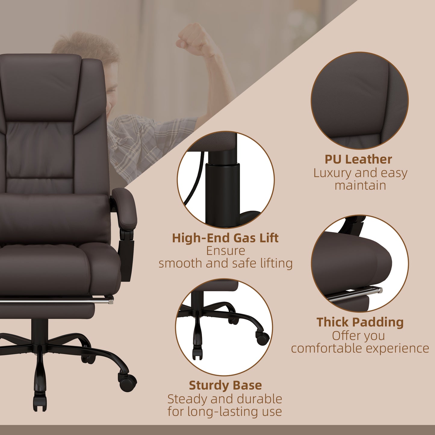 Vinsetto 6-Point PU Leather Massage Office Chair, Reclining Chair Height Adjustable Computer Chair with Footrest, Swivel Wheels, Remote