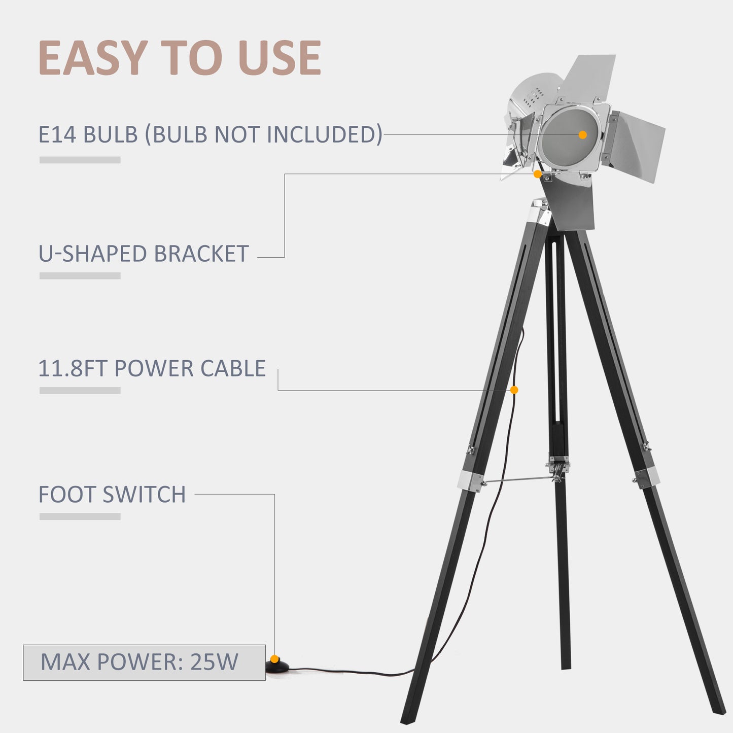 Industrial Tripod Floor Lamp, Nautical Cinema Standing Spotlight with Wood Legs and Adjustable Height for Living, Bedroom, Black and Silver