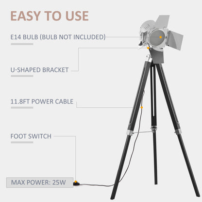 Industrial Tripod Floor Lamp, Nautical Cinema Standing Spotlight with Wood Legs and Adjustable Height for Living, Bedroom, Black and Silver